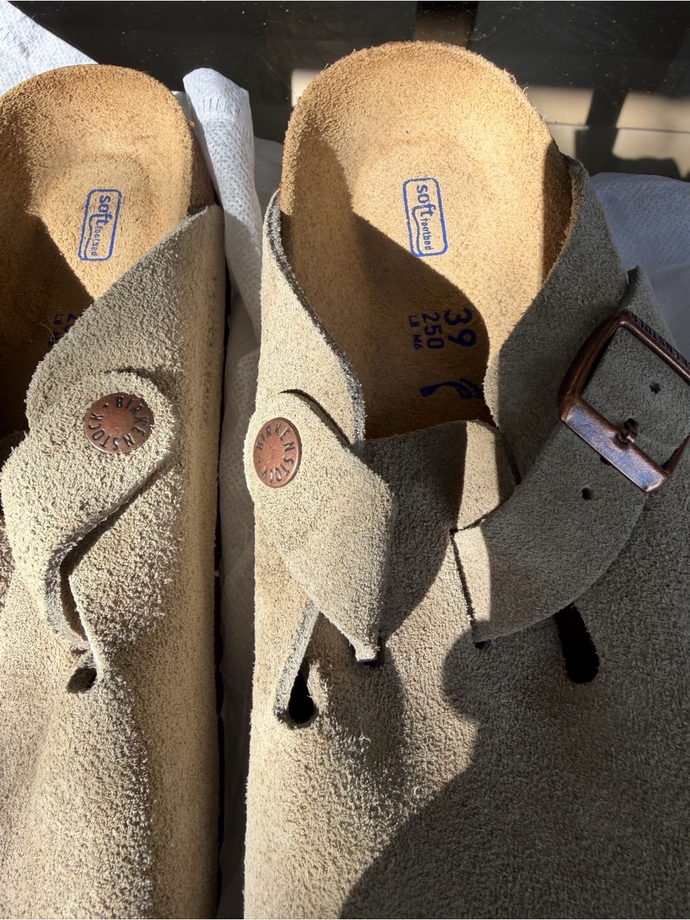 Birkenstock Suede Boston Clog in Light Taupe with Copper Buckle - Picture 2 of 4